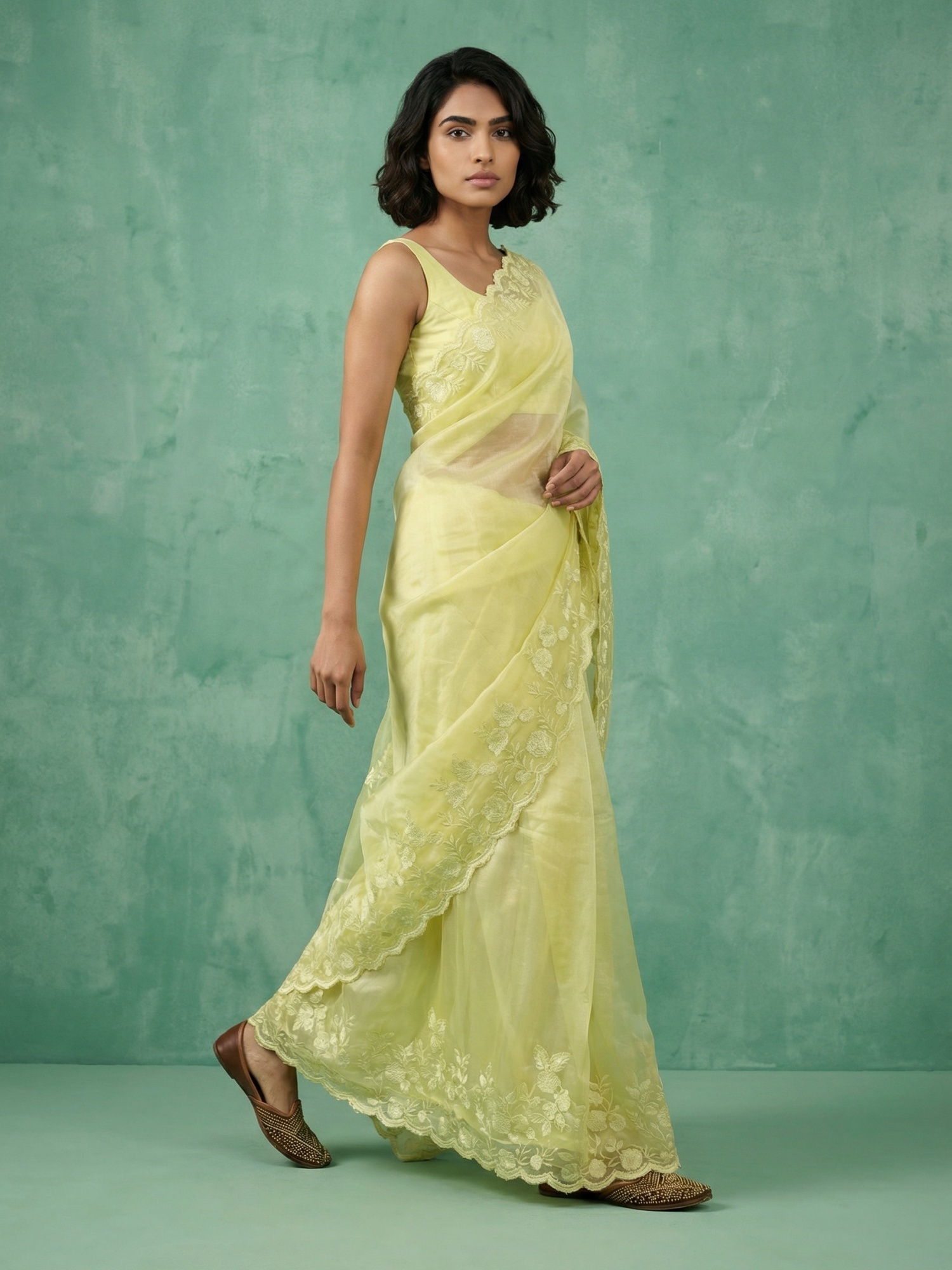 Yellow Thread Embroidery Chanda Silk Saree — alternate view