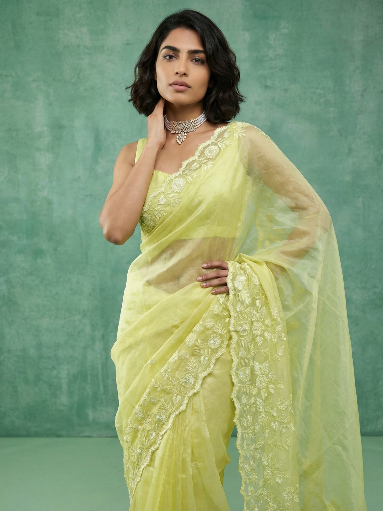Yellow Thread Embroidery Chanda Silk Saree