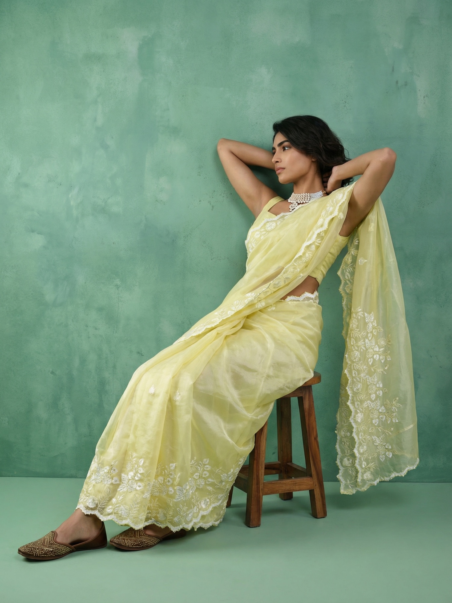 Yellow Thread Embroidery Chanda Silk Saree