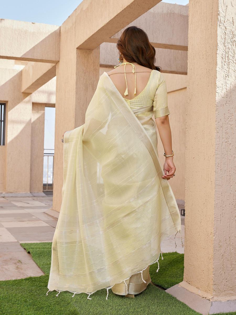 Yellow Tissue Linen Silk Zari Saree — alternate view