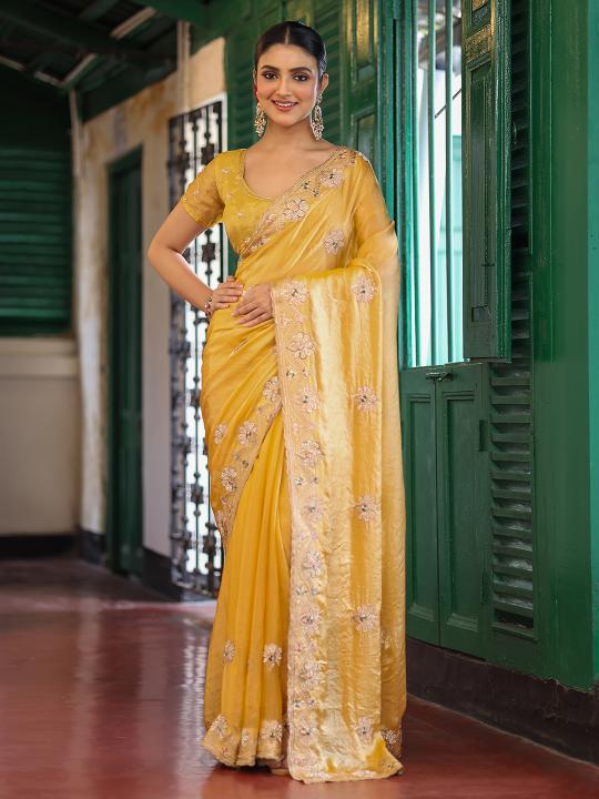 Yellow Tissue Saree with Embroidery Work