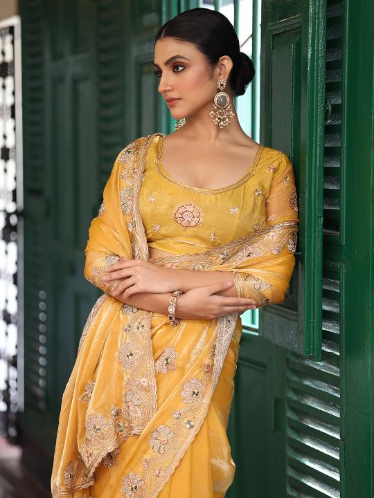 Yellow Tissue Saree with Embroidery Work
