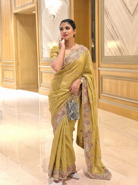 Yellow Traditional Embroidered Soft Tissue Chiffon Saree