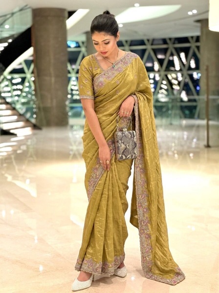 Yellow Traditional Embroidered Soft Tissue Chiffon Saree