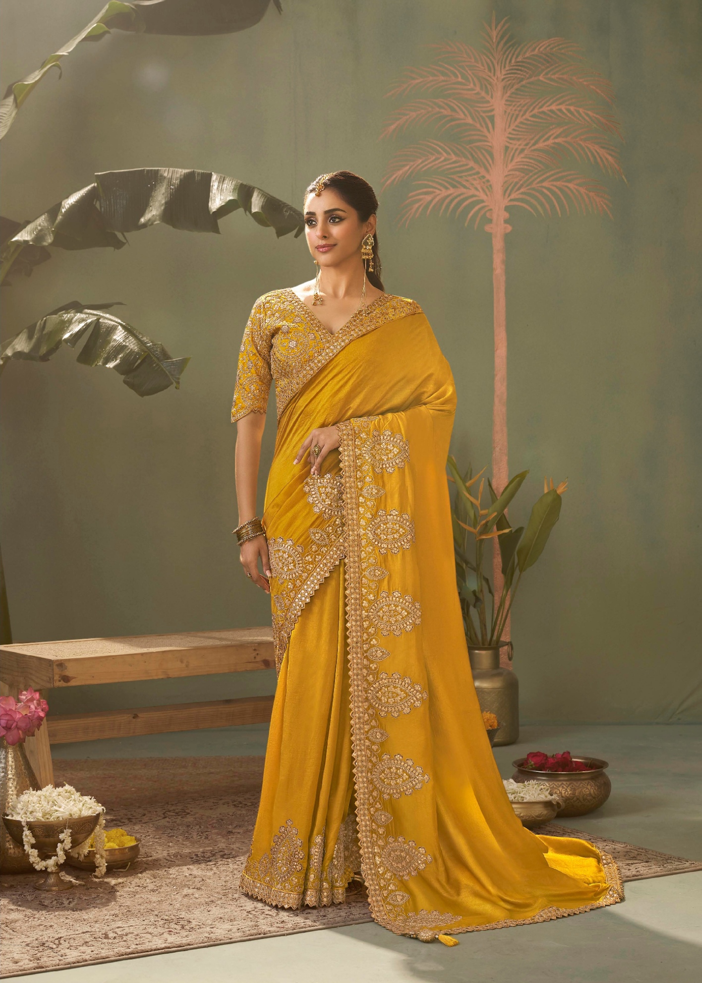 Yellow Traditional Gota Patti Bamber Silk Saree