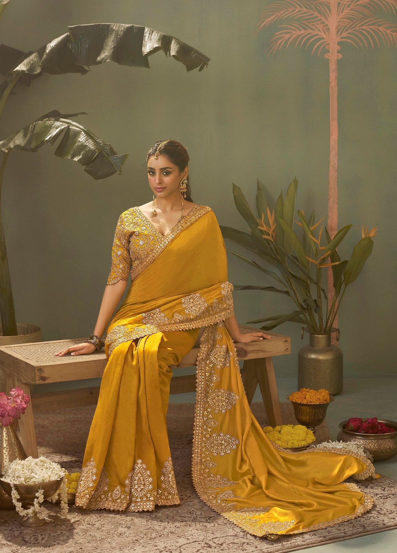 Yellow Traditional Gota Patti Bamber Silk Saree — alternate view