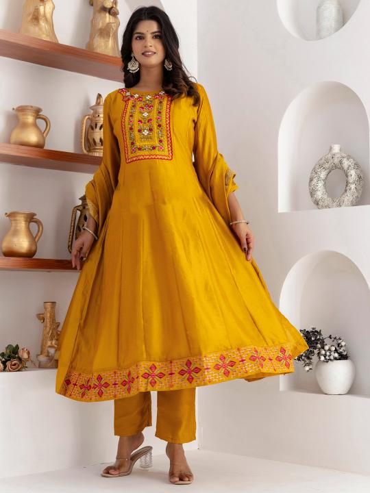 Yellow Vichitra Silk Readymade Suit