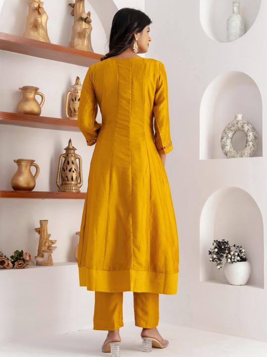 Yellow Vichitra Silk Readymade Suit — alternate view