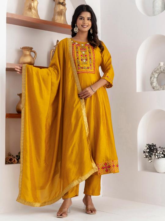 Yellow Vichitra Silk Readymade Suit