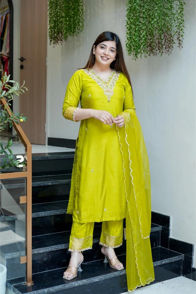 Yellow Viscose Chanderi Stitched Suits