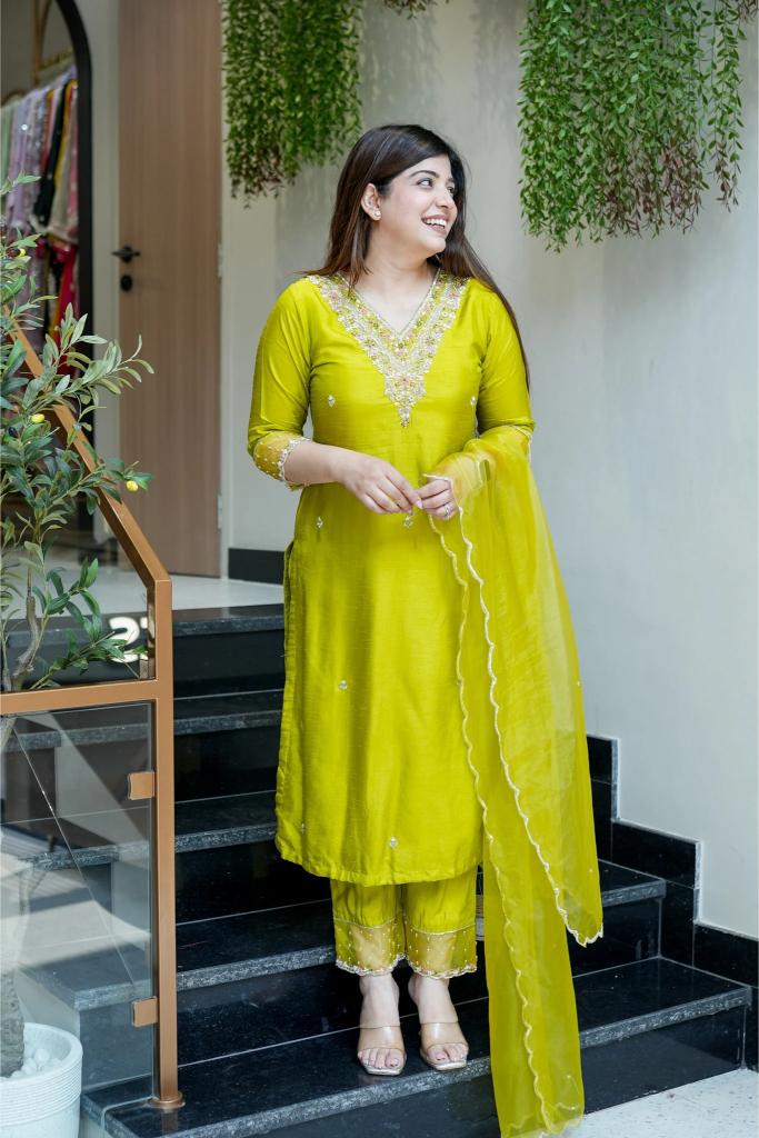 Yellow Viscose Chanderi Stitched Suits — alternate view