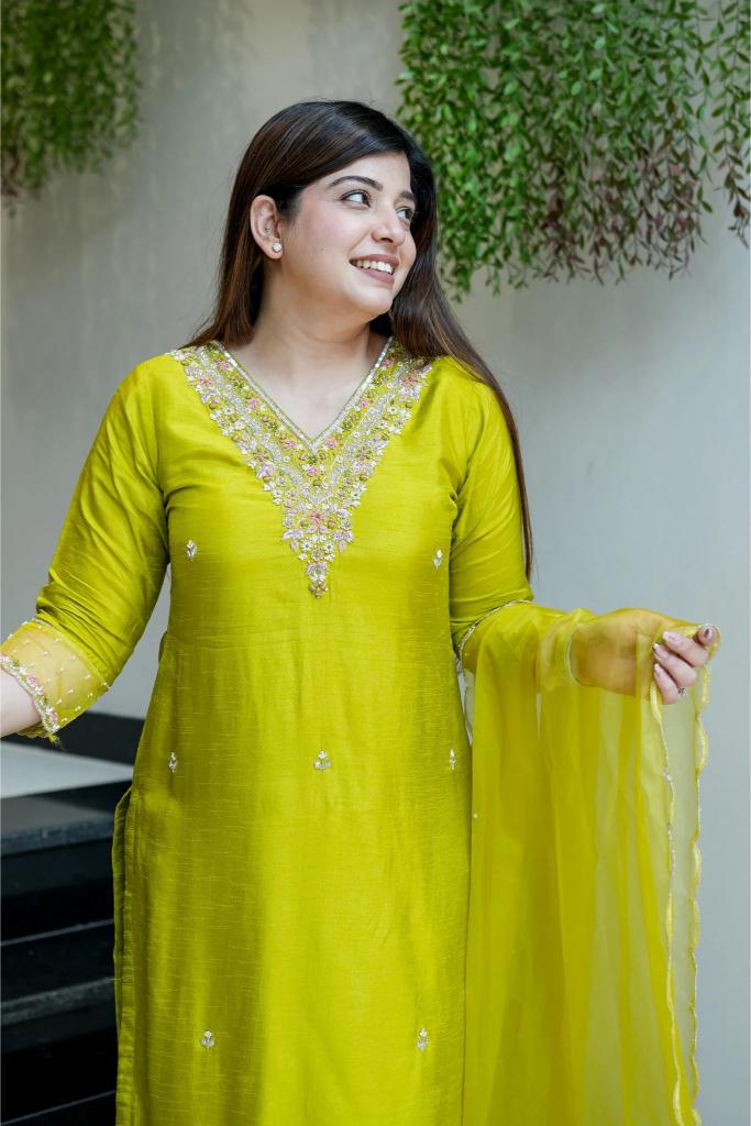 Yellow Viscose Chanderi Stitched Suits