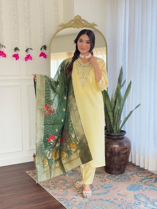 Yellow Viscose Chanderi Straight Pant Suit