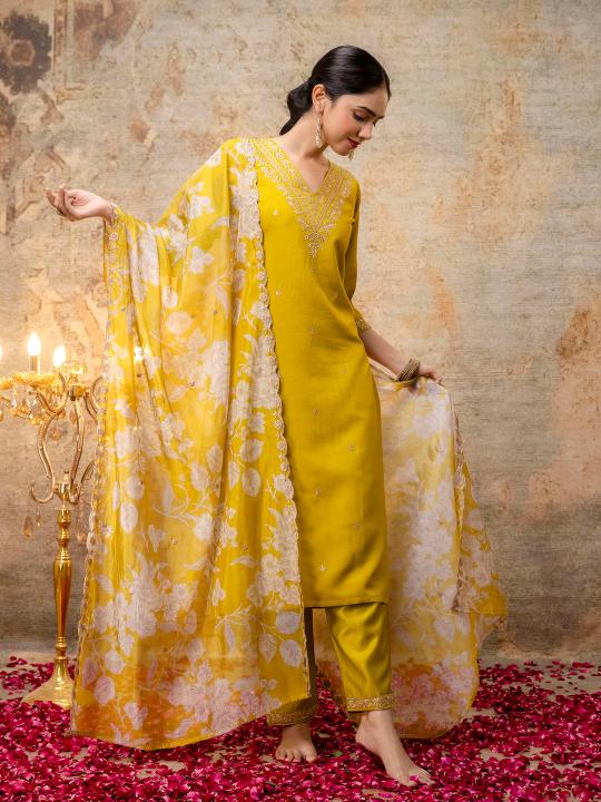 Yellow Viscose Rayon Readymade Suit