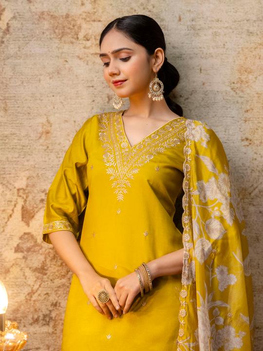 Yellow Viscose Rayon Readymade Suit