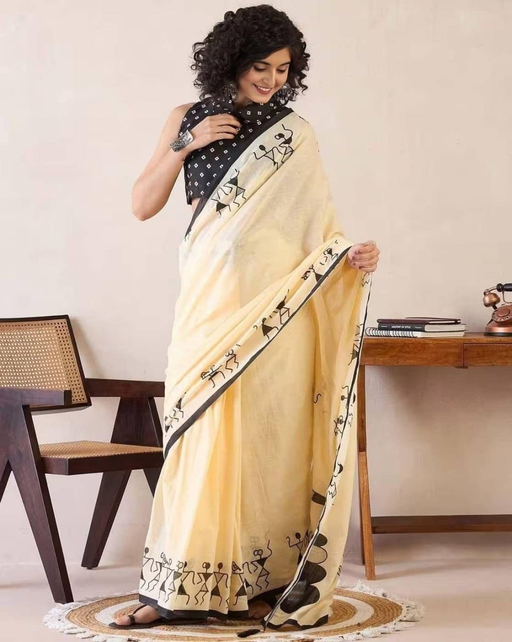Yellow Warli Art Printed Linen Cotton Saree