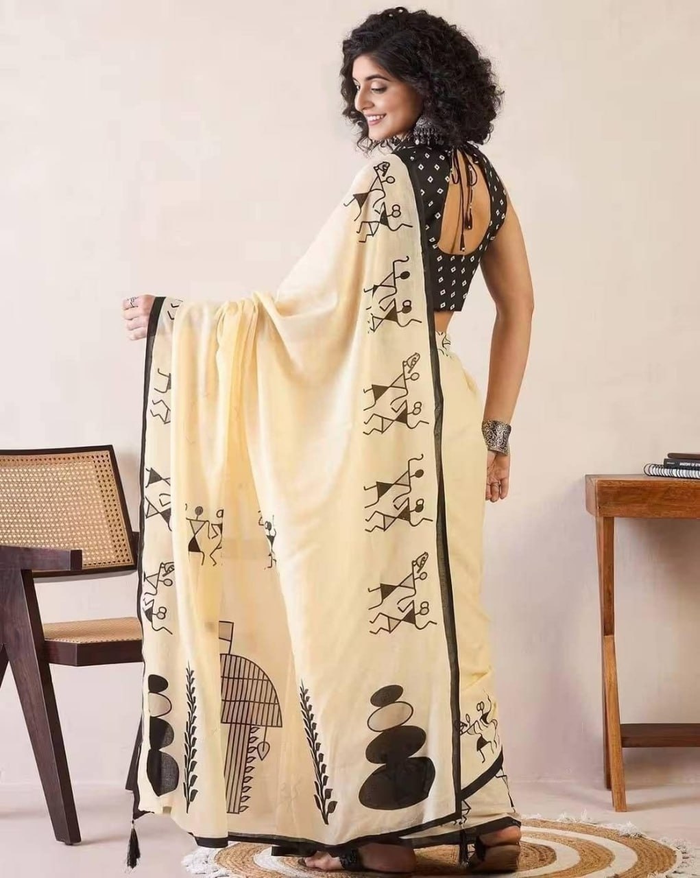 Yellow Warli Art Printed Linen Cotton Saree — alternate view