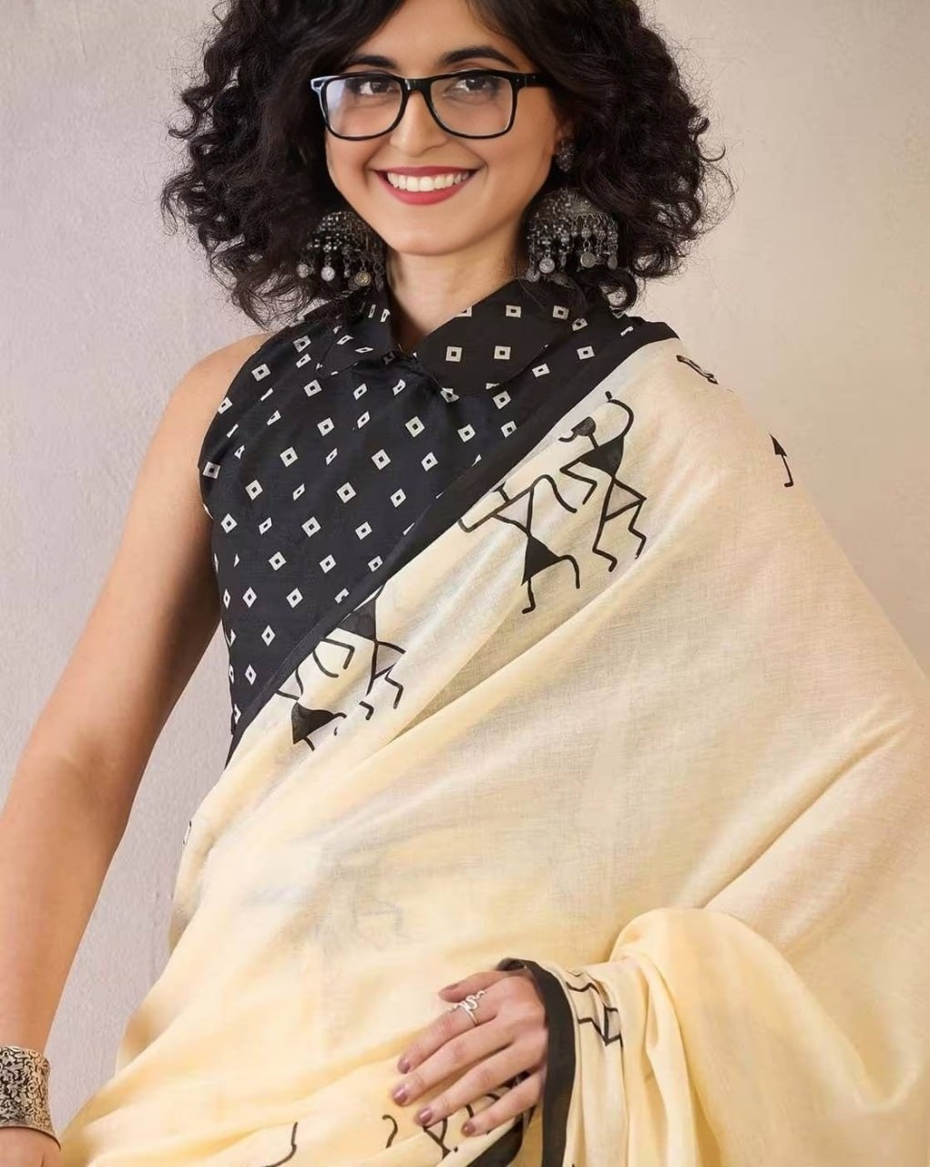 Yellow Warli Art Printed Linen Cotton Saree