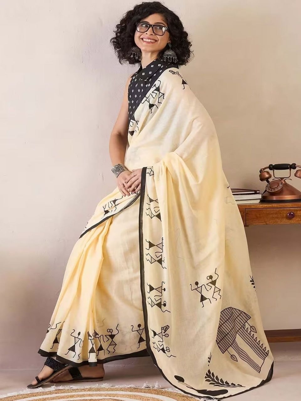 Yellow Warli Art Printed Linen Cotton Saree