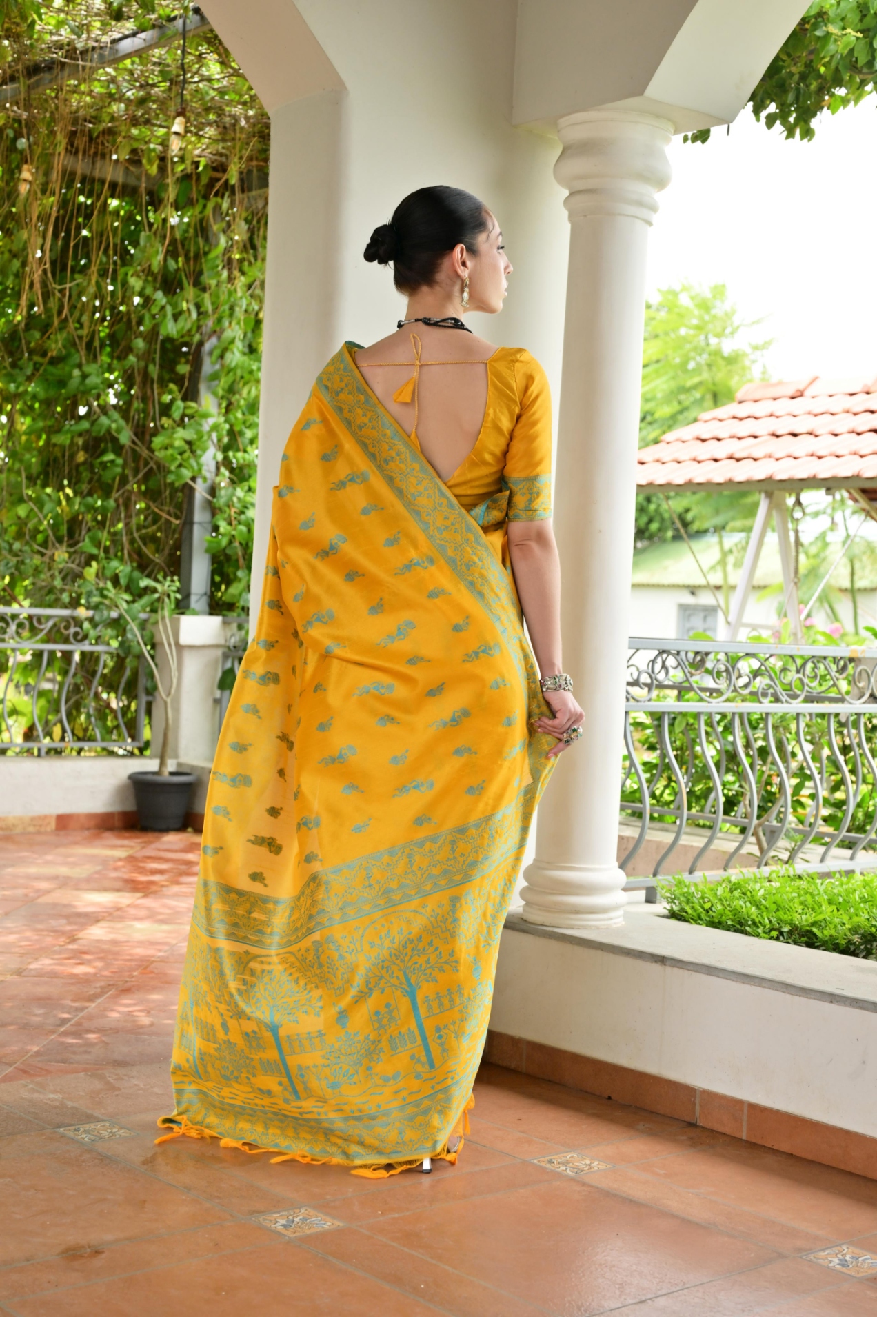 Yellow Warli Woven Banglori Silk Saree — alternate view