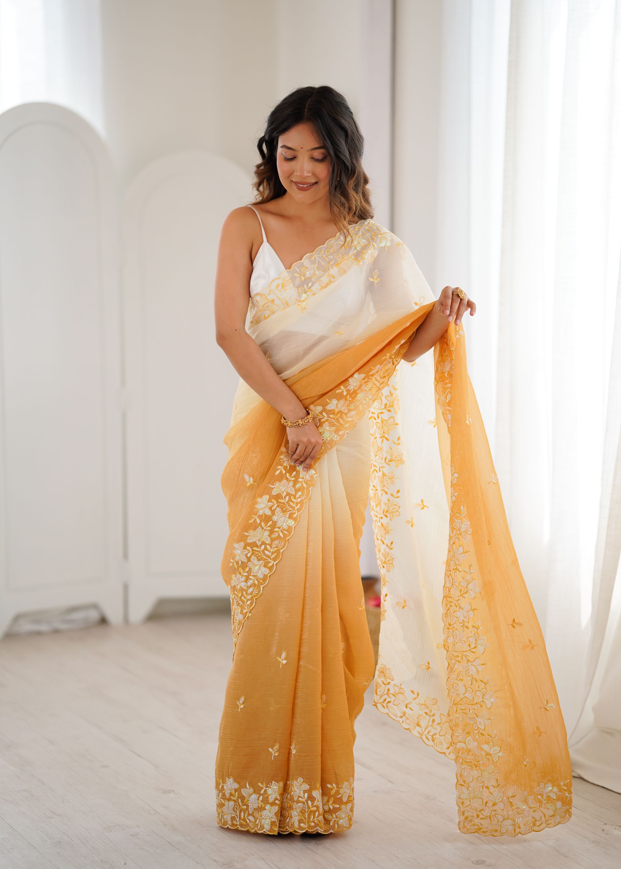 Yellow White Crunchy Sequins Embroidered Saree
