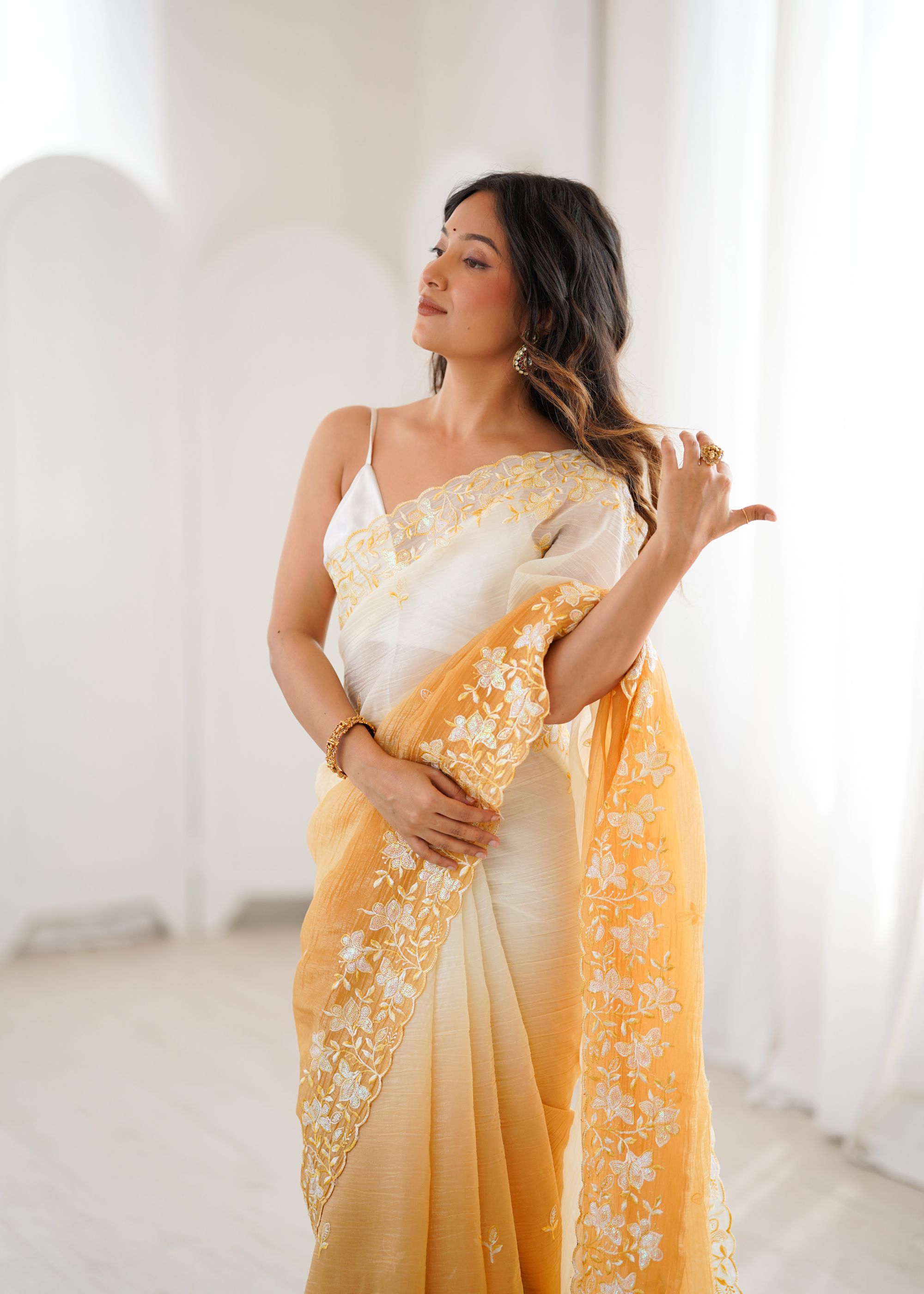 Yellow White Crunchy Sequins Embroidered Saree — alternate view