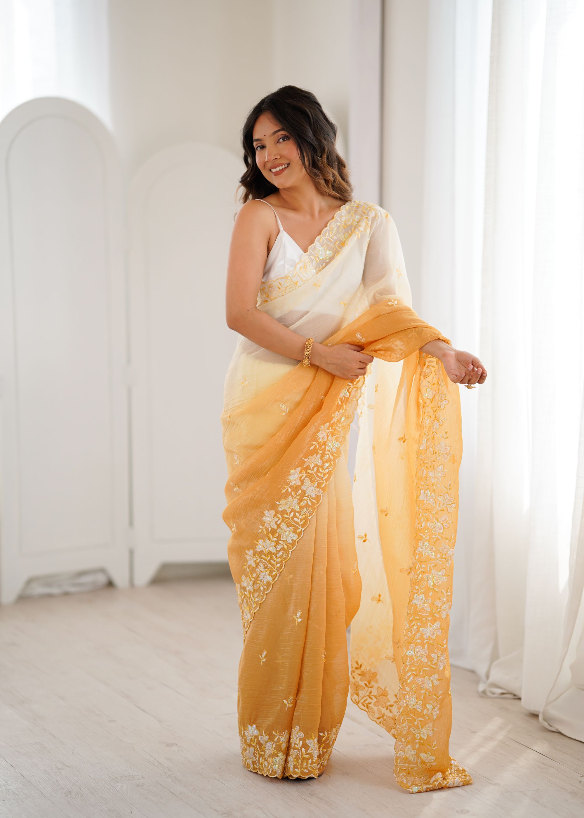 Yellow White Crunchy Sequins Embroidered Saree