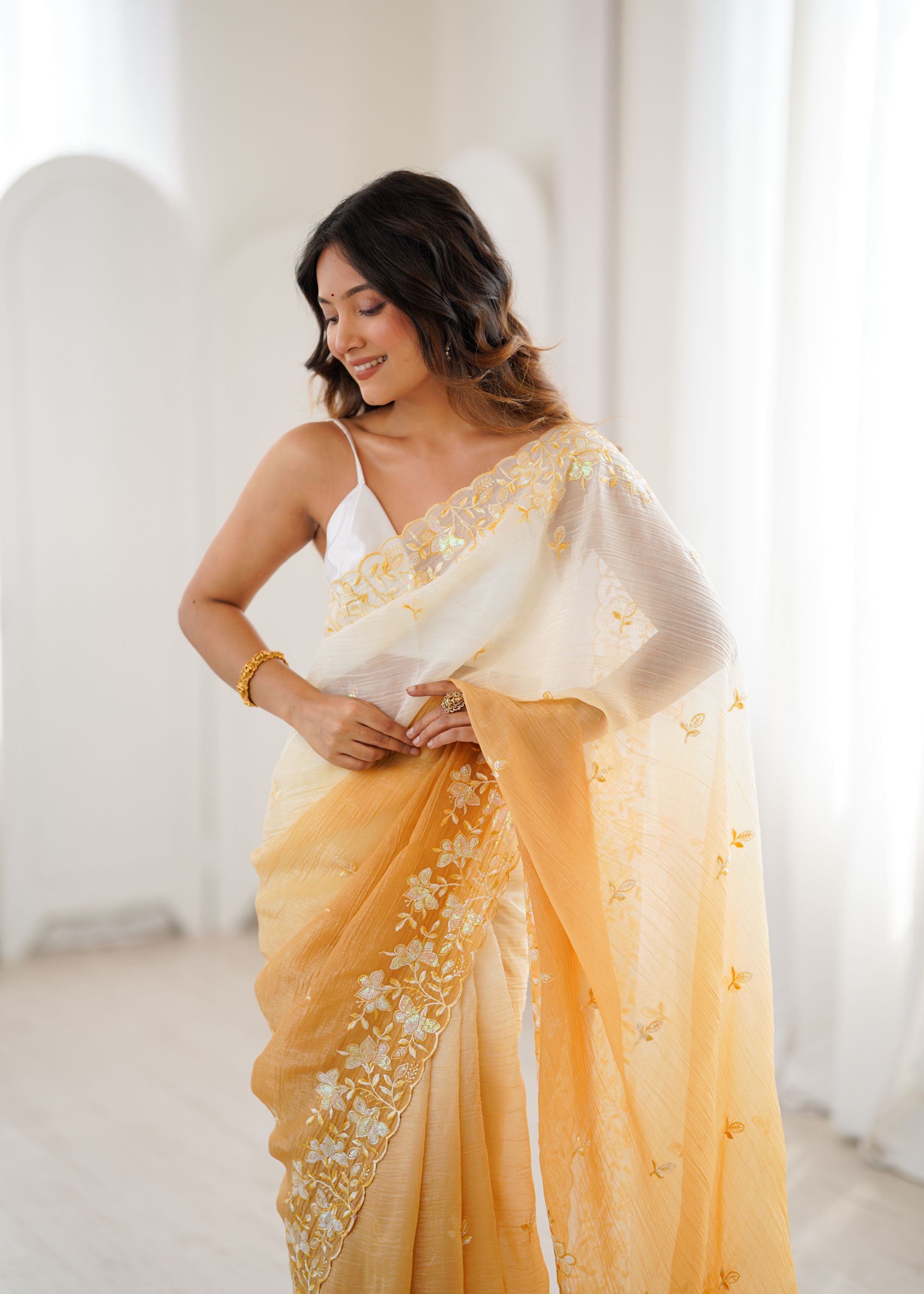 Yellow White Crunchy Sequins Embroidered Saree