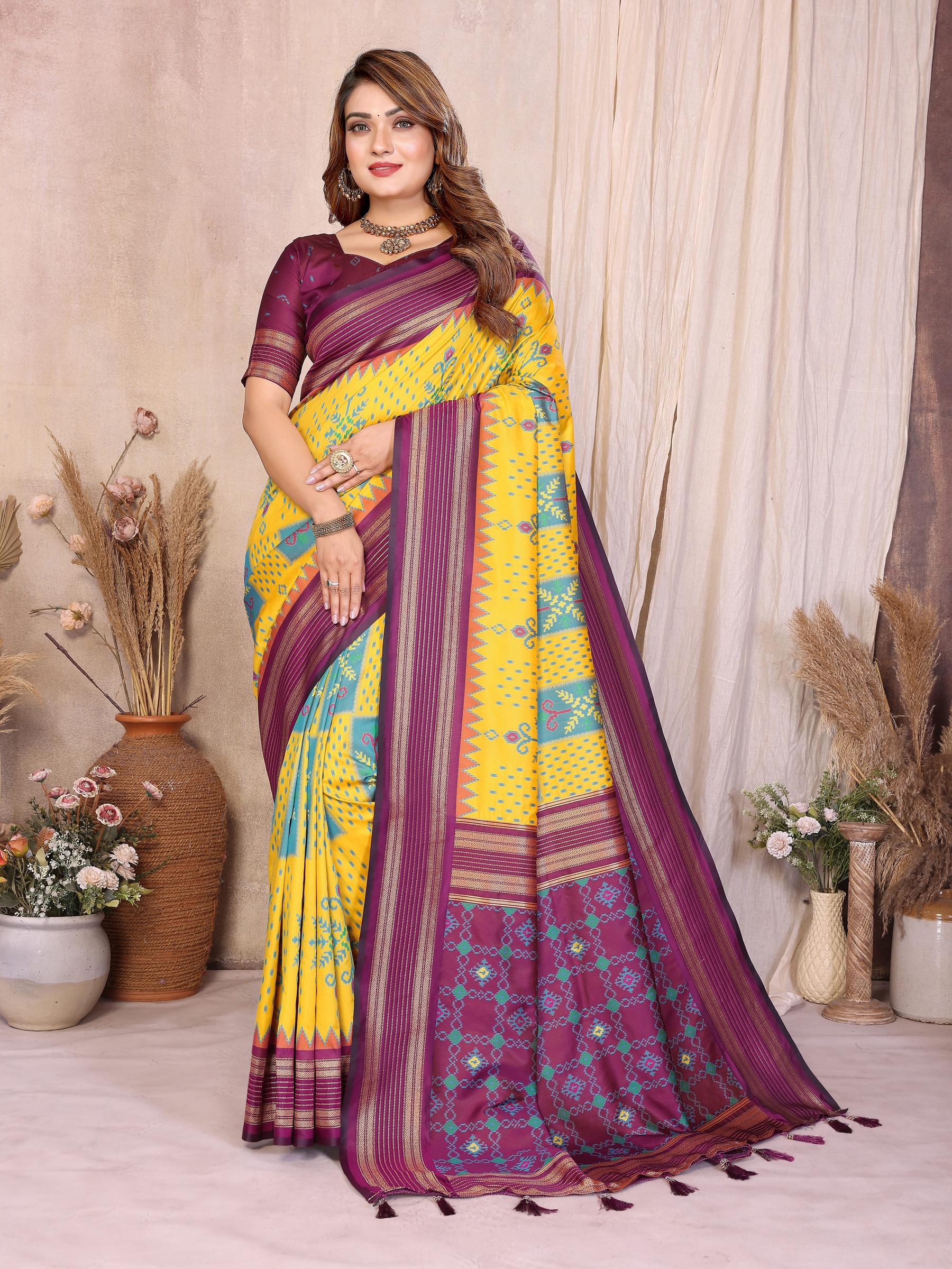 Yellow Wine Soft Silk Ikat Designer Saree