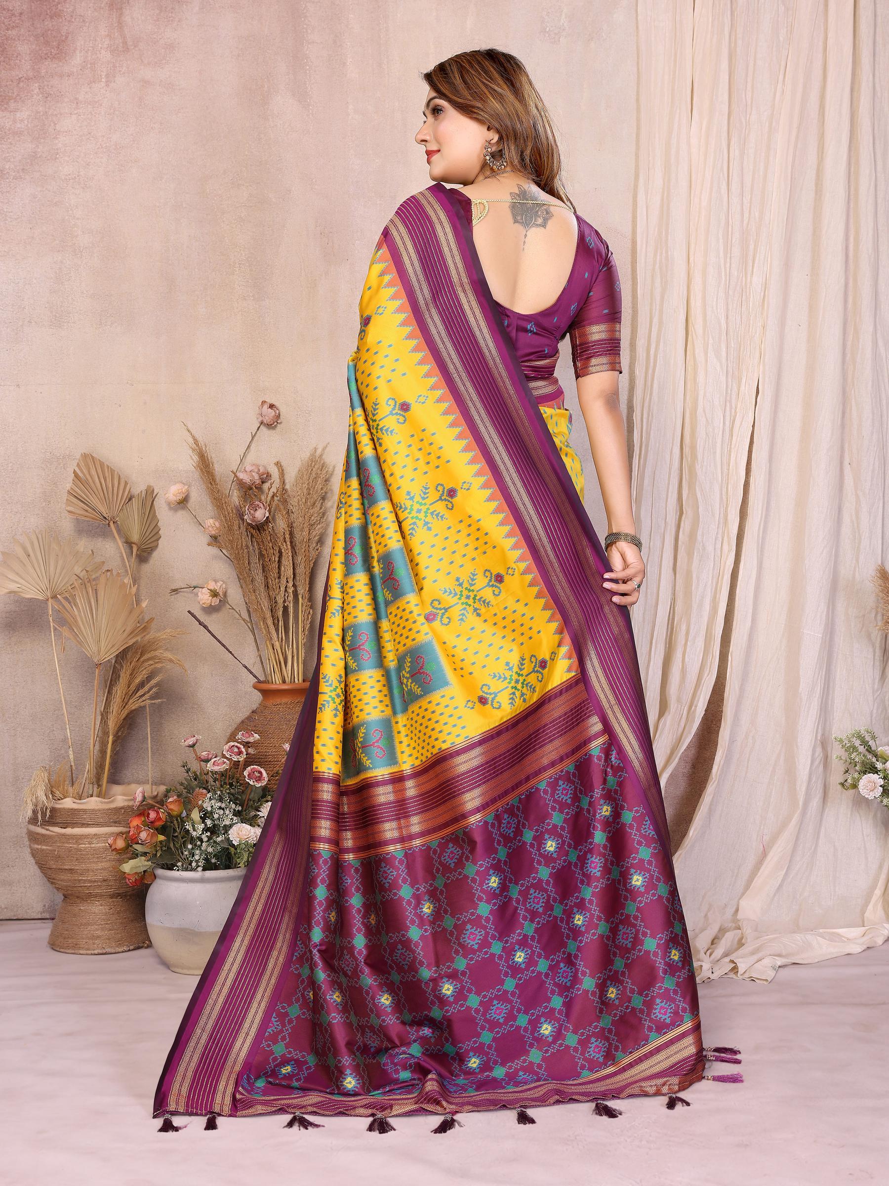 Yellow Wine Soft Silk Ikat Designer Saree — alternate view