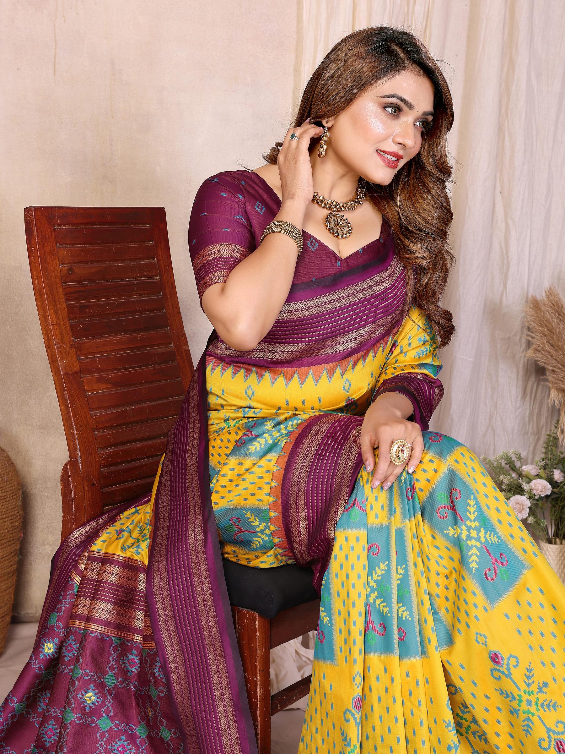 Yellow Wine Soft Silk Ikat Designer Saree