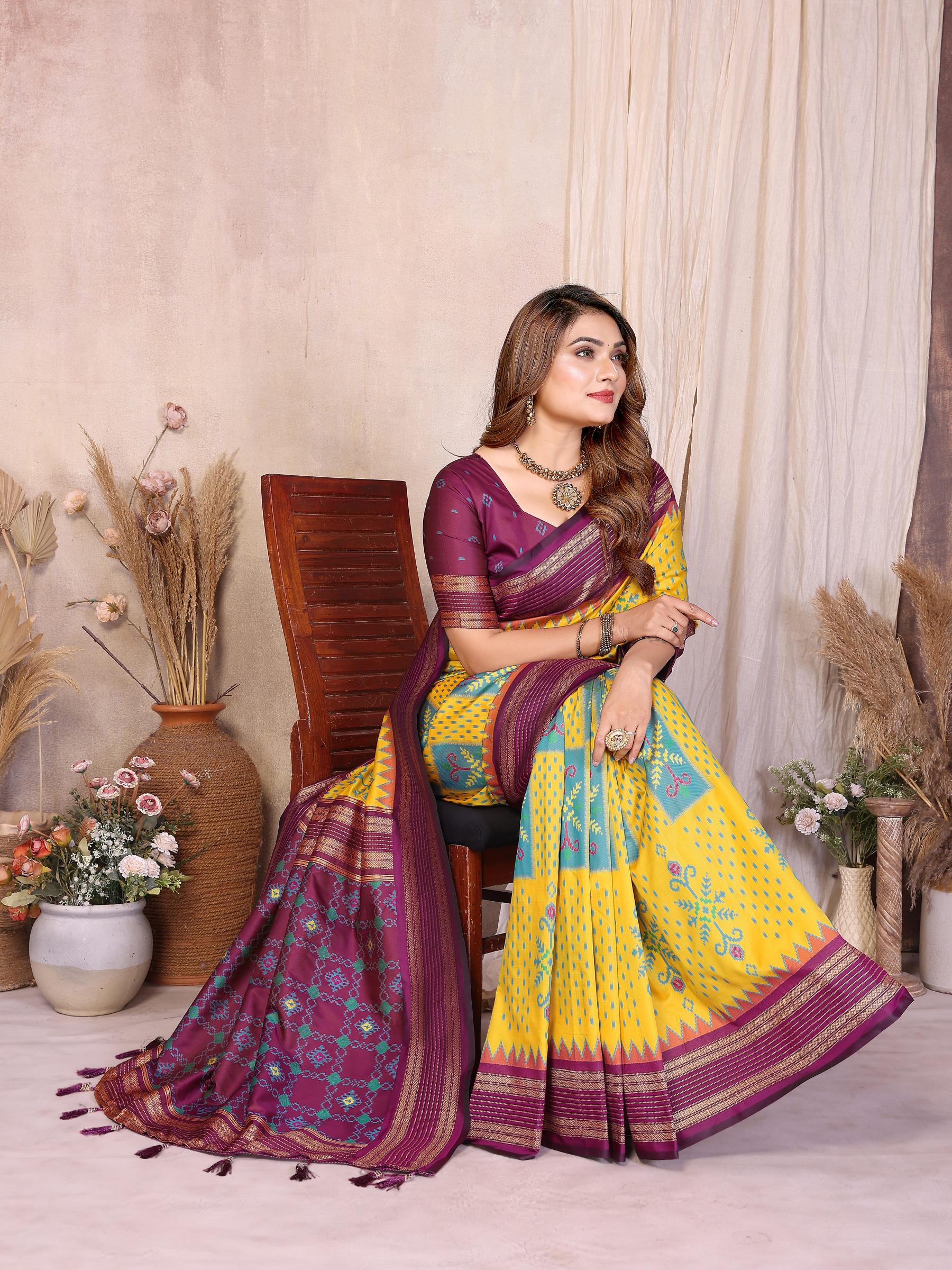 Yellow Wine Soft Silk Ikat Designer Saree