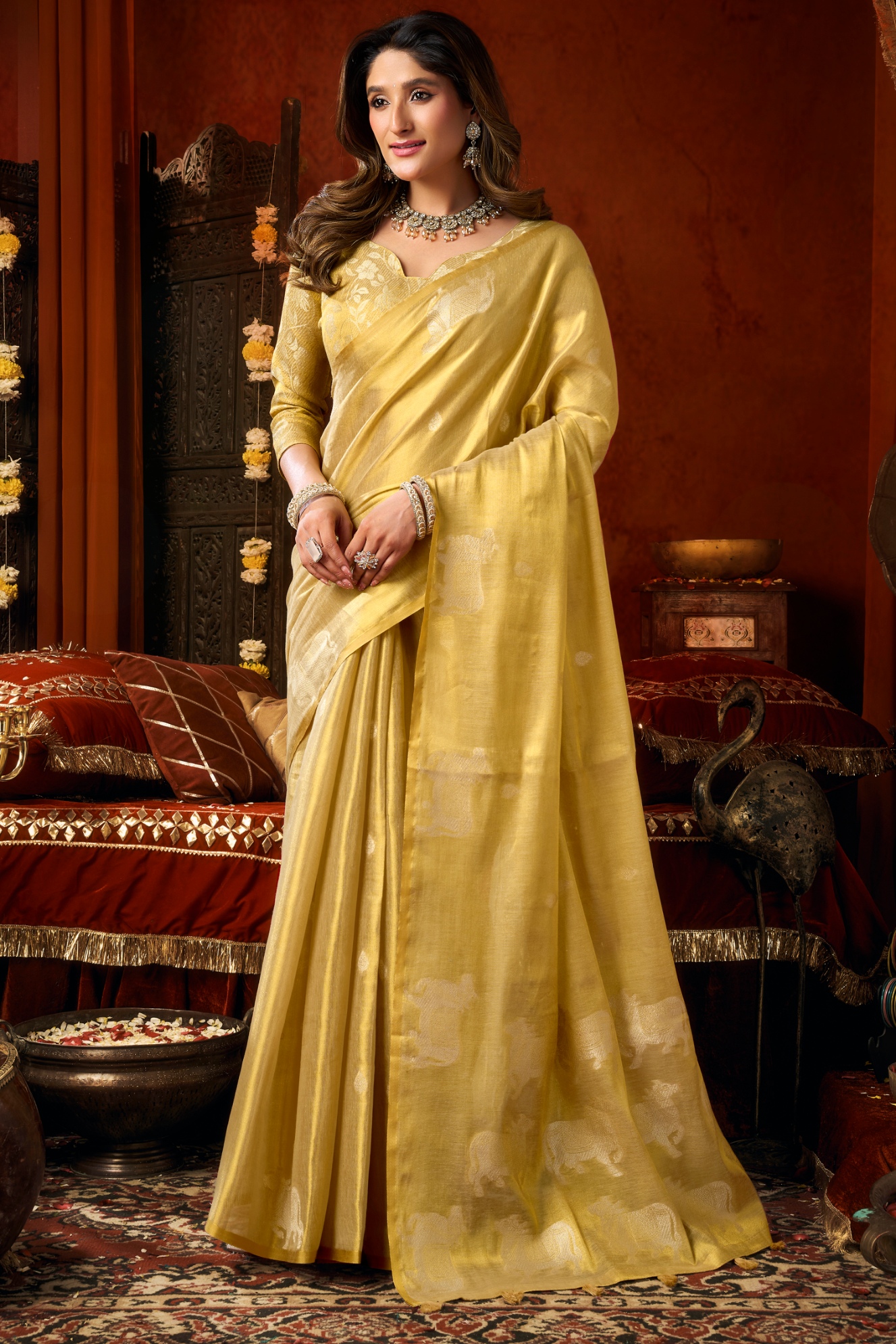 Yellow Woven Butta Tassel Saree — alternate view