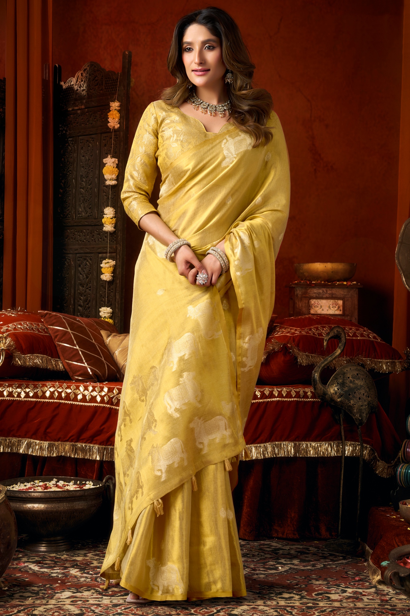 Yellow Woven Butta Tassel Saree