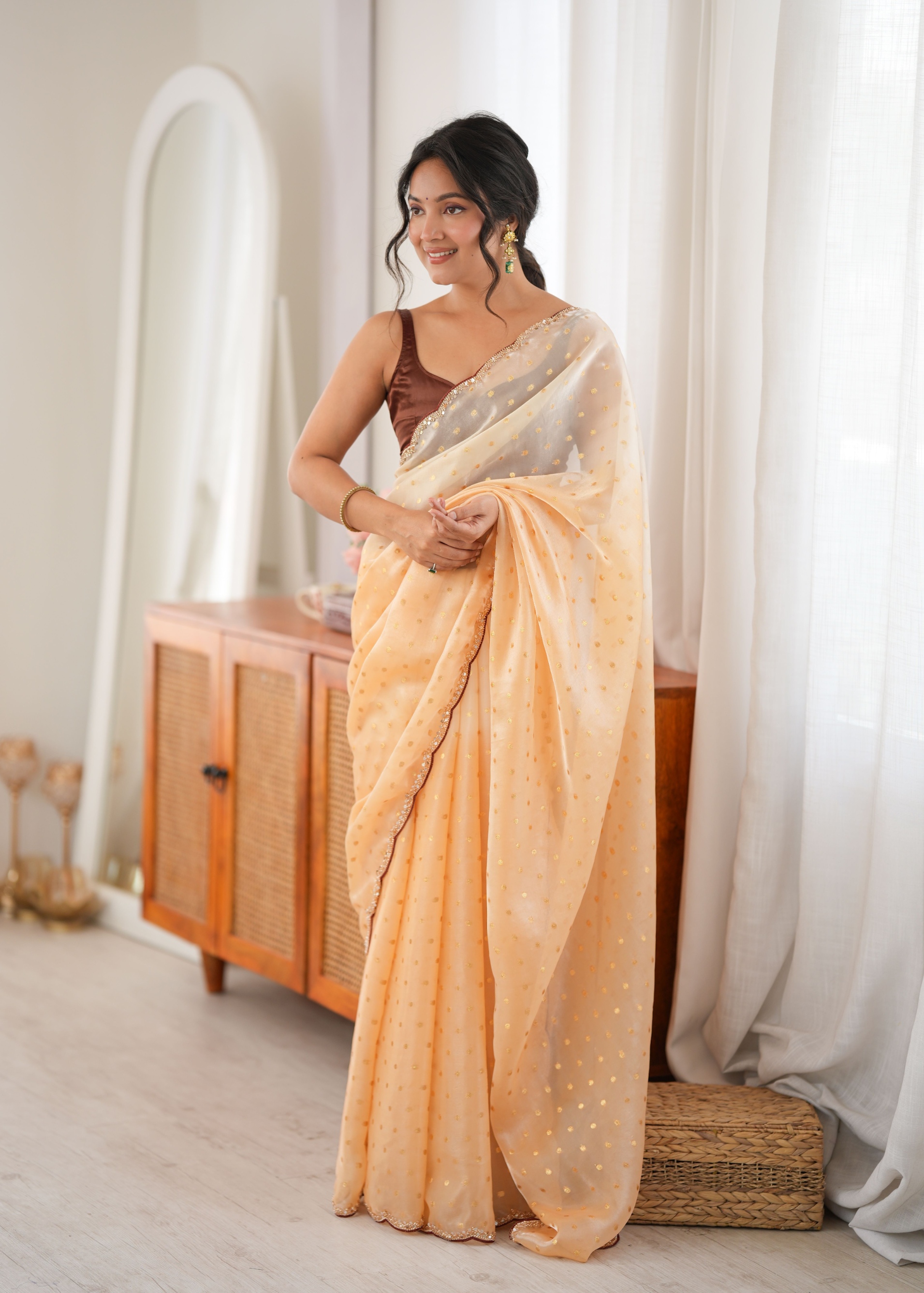 Yellow Woven Butti Beads Fendy Satin Saree