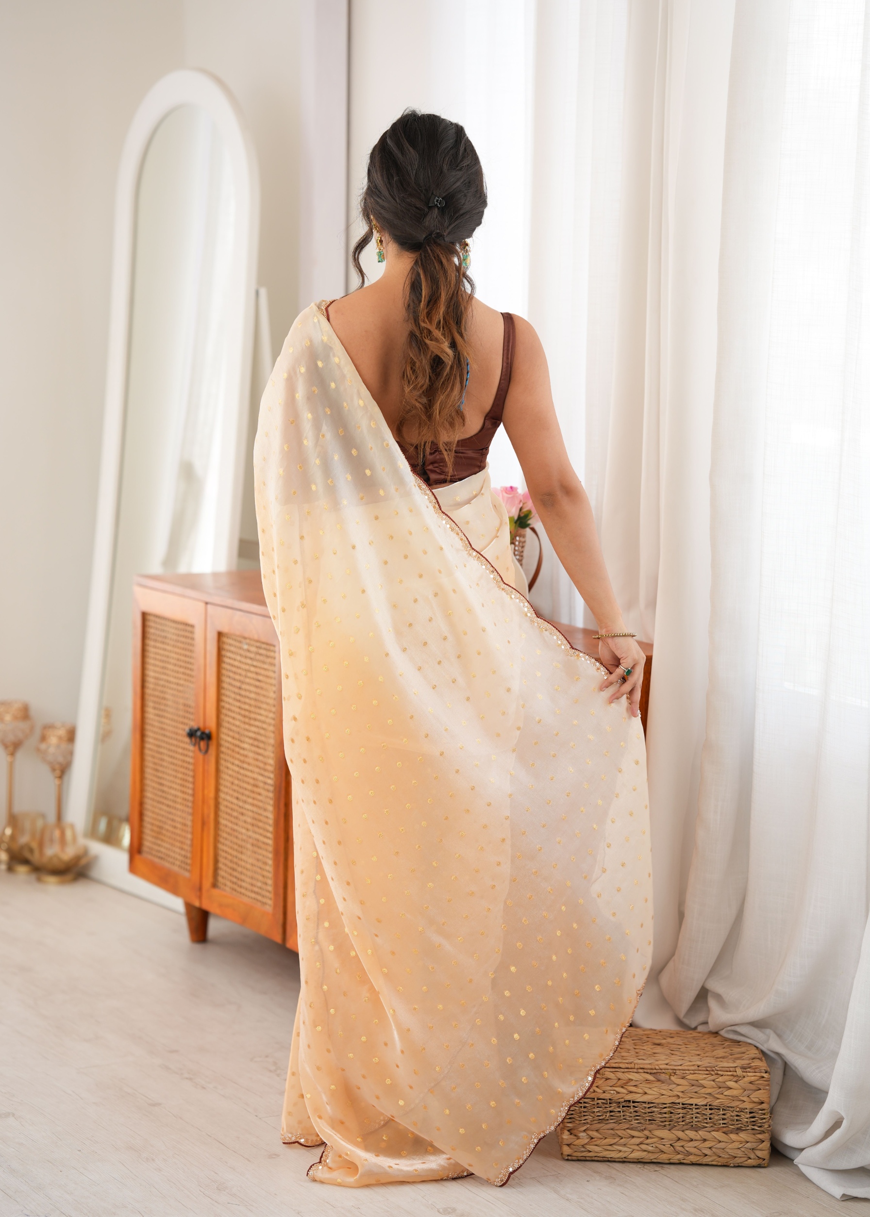 Yellow Woven Butti Beads Fendy Satin Saree — alternate view