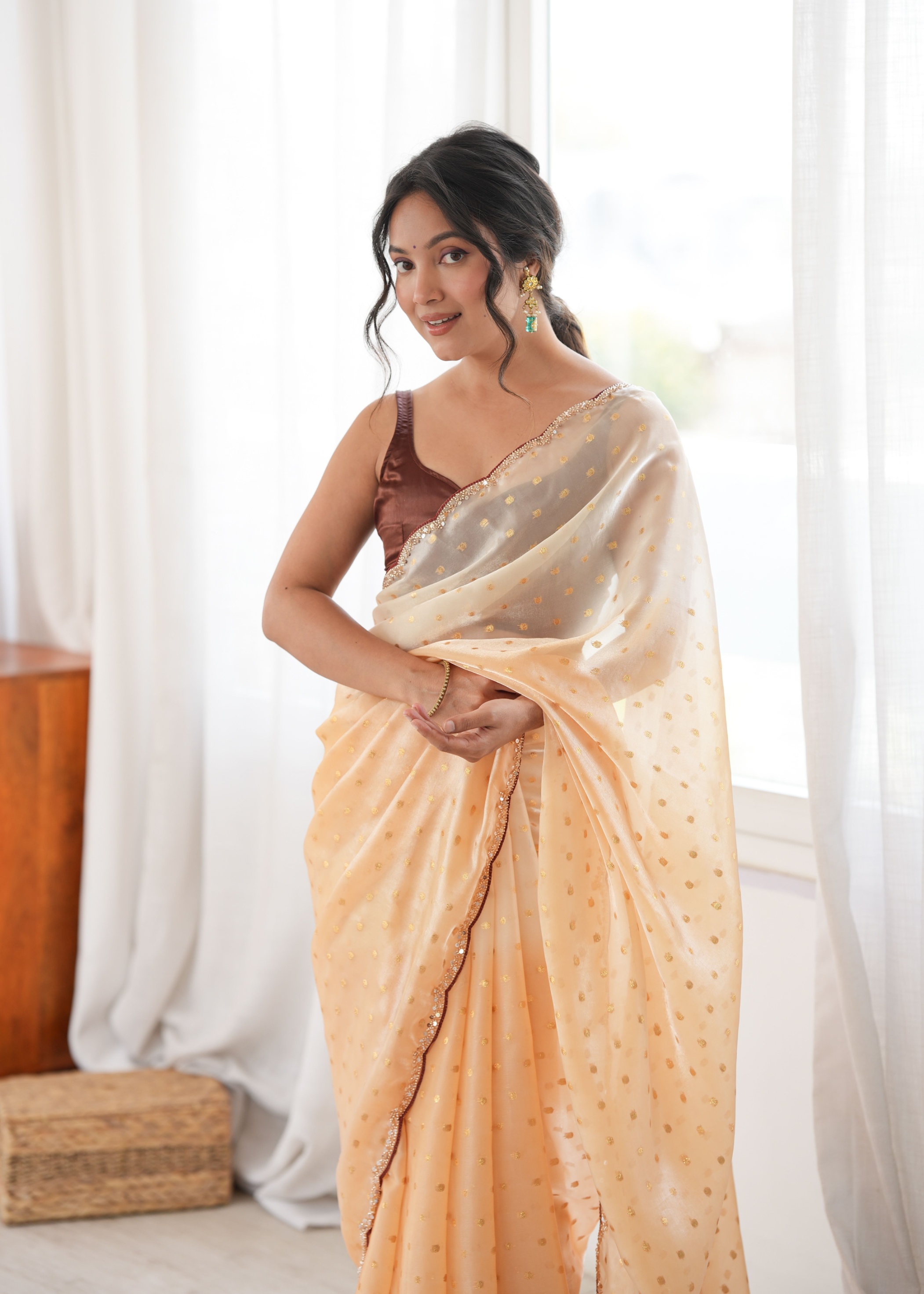 Yellow Woven Butti Beads Fendy Satin Saree