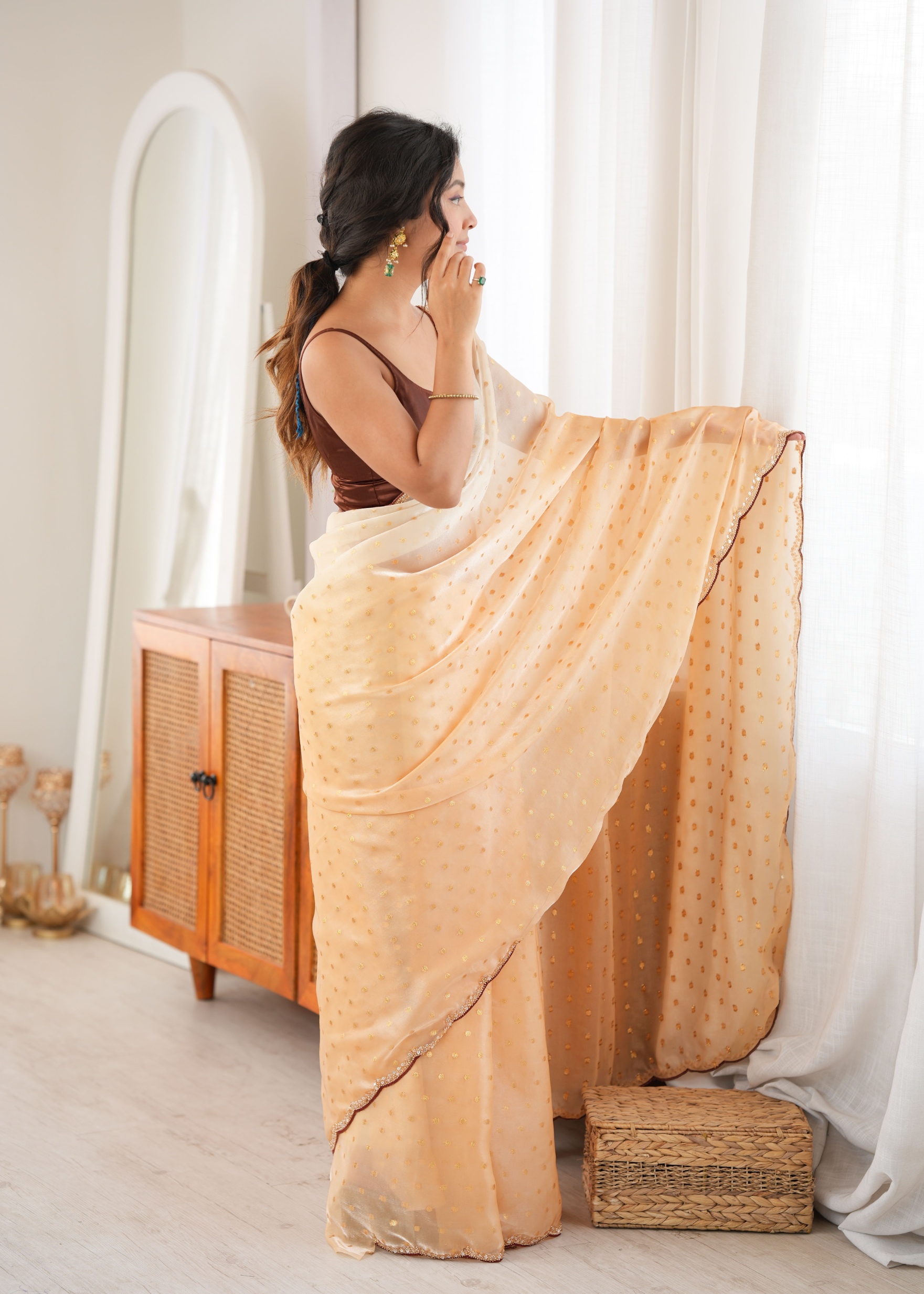 Yellow Woven Butti Beads Fendy Satin Saree