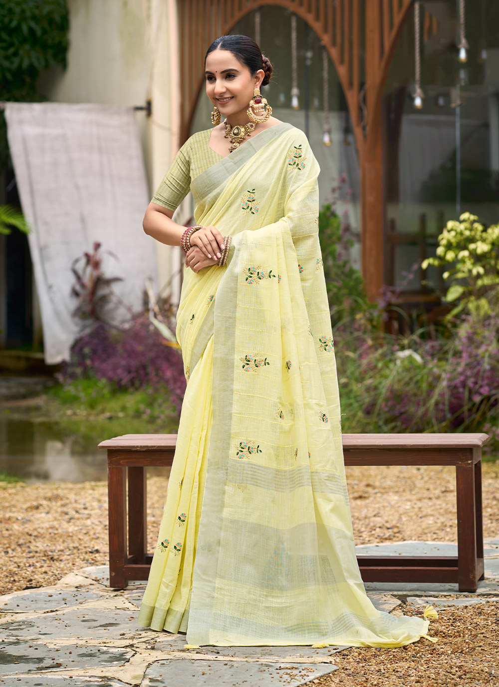 Yellow Woven Embroidered Linen Saree