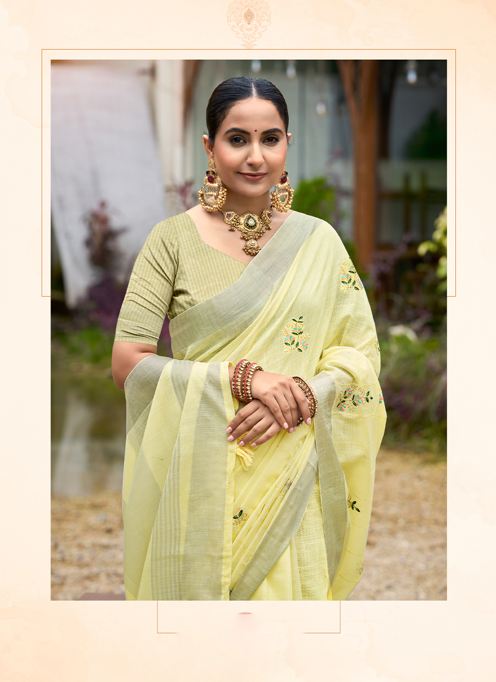 Yellow Woven Embroidered Linen Saree