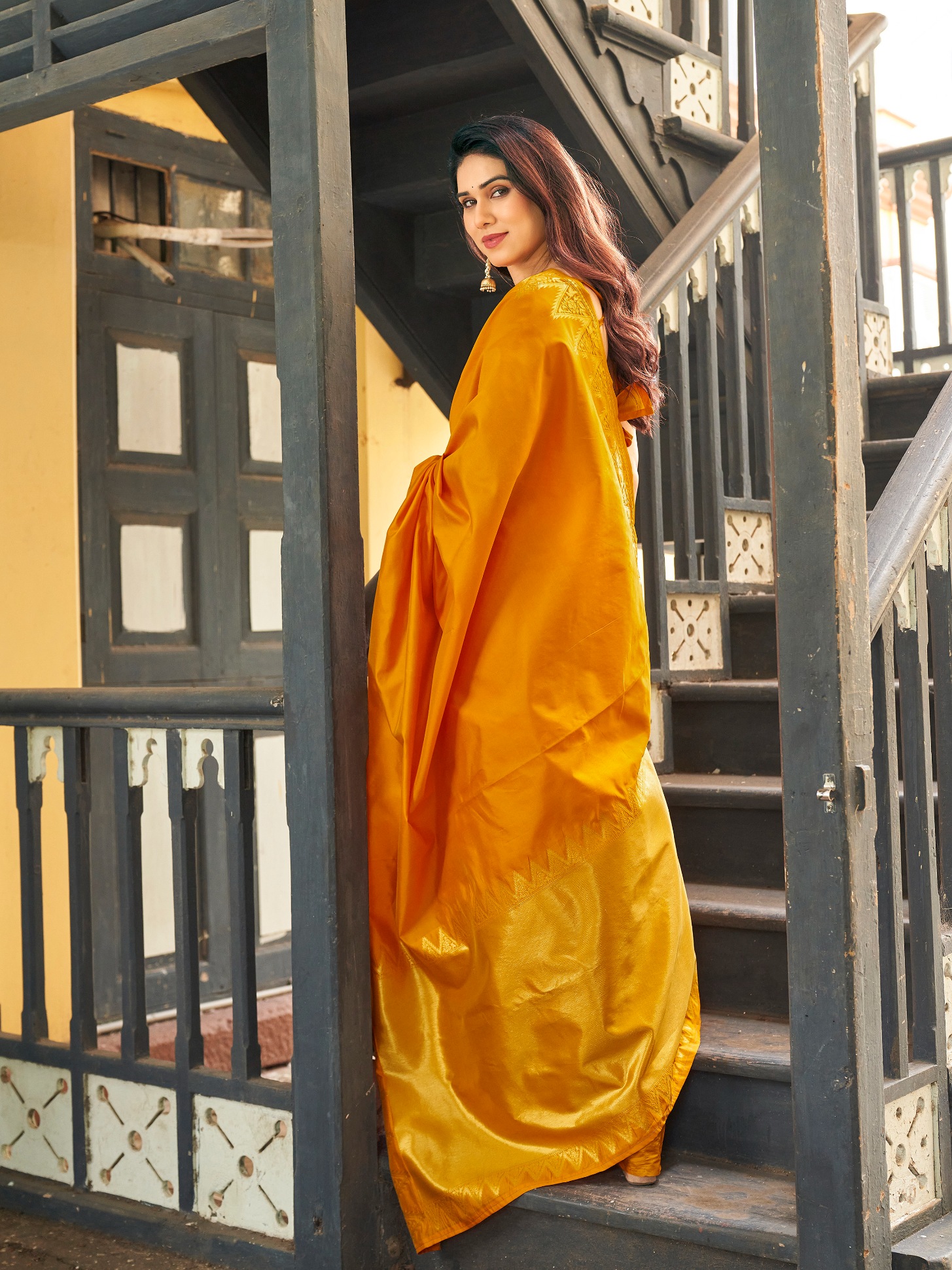 Yellow Woven Gold Zari Banarasi Raw Silk Saree — alternate view
