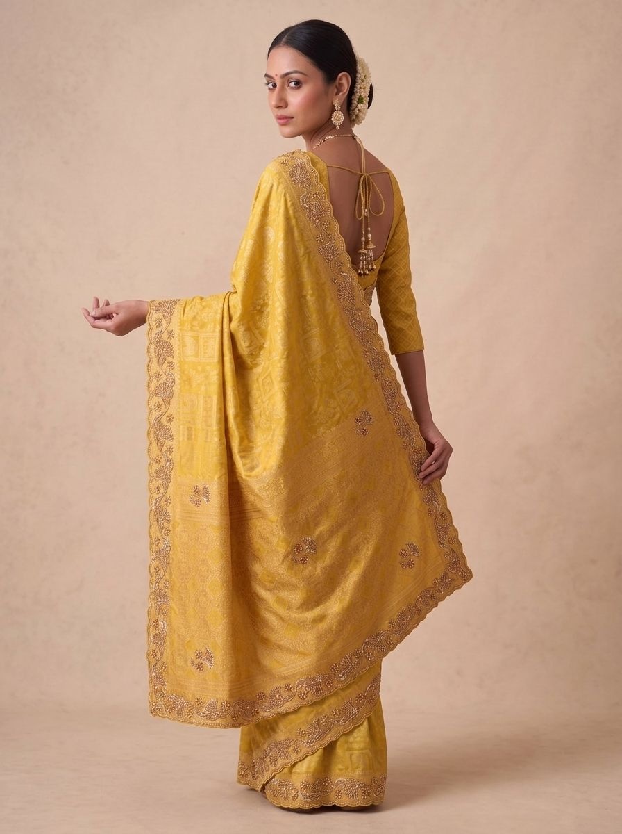 Yellow Woven Handwork Banarasi Silk Saree — alternate view