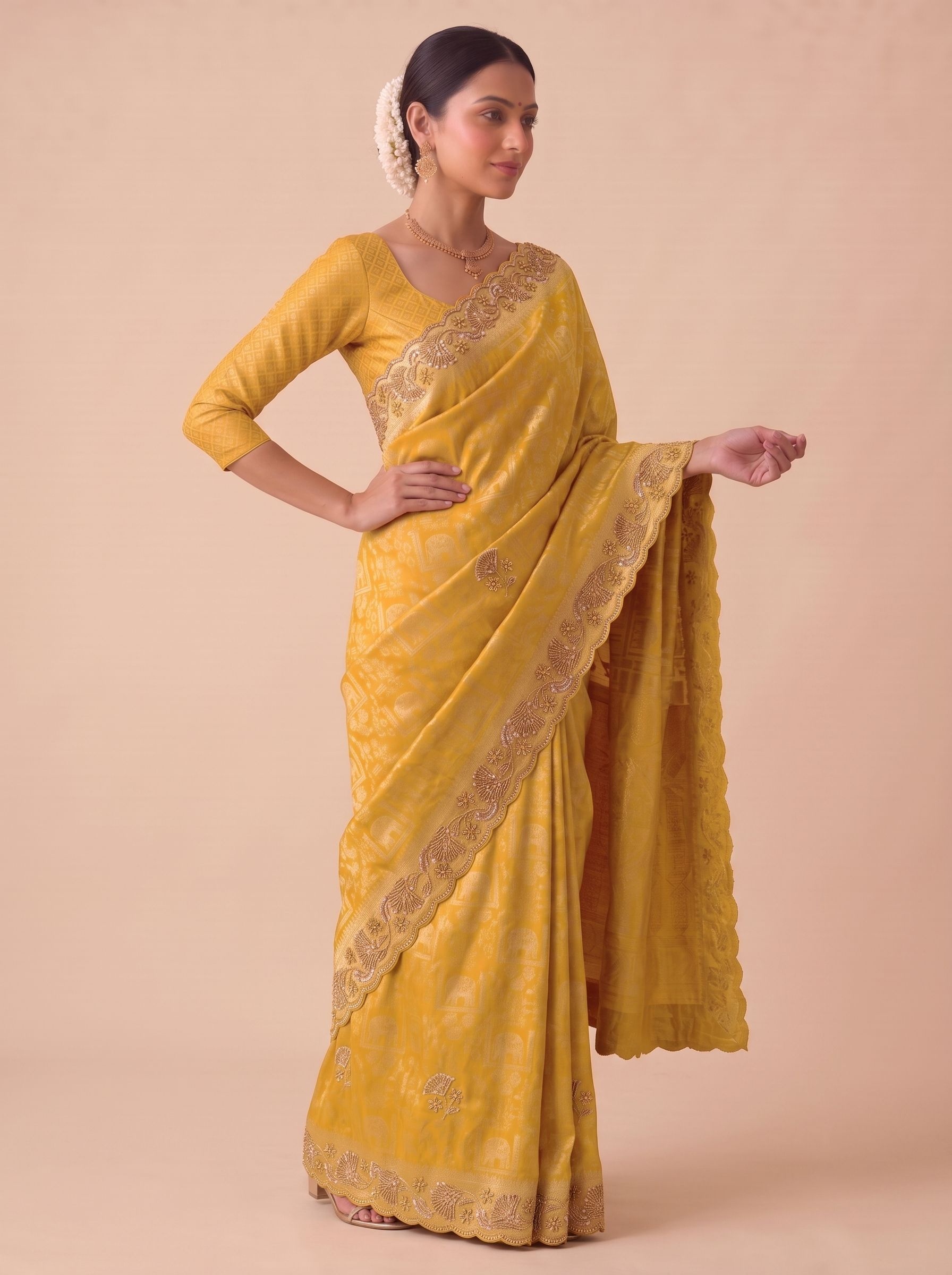 Yellow Woven Handwork Banarasi Silk Saree