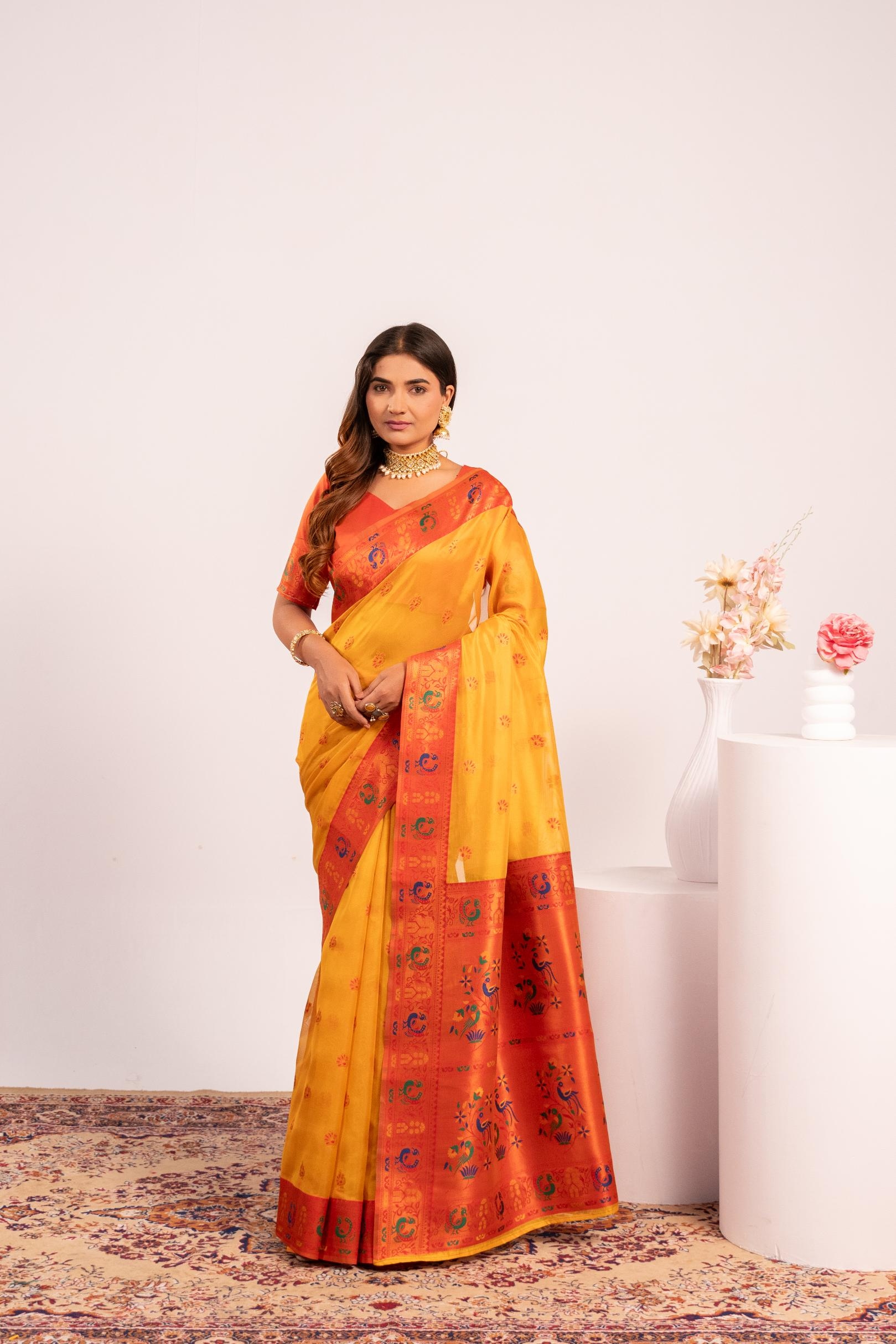 Yellow Woven Paithani Tissue Silk Saree