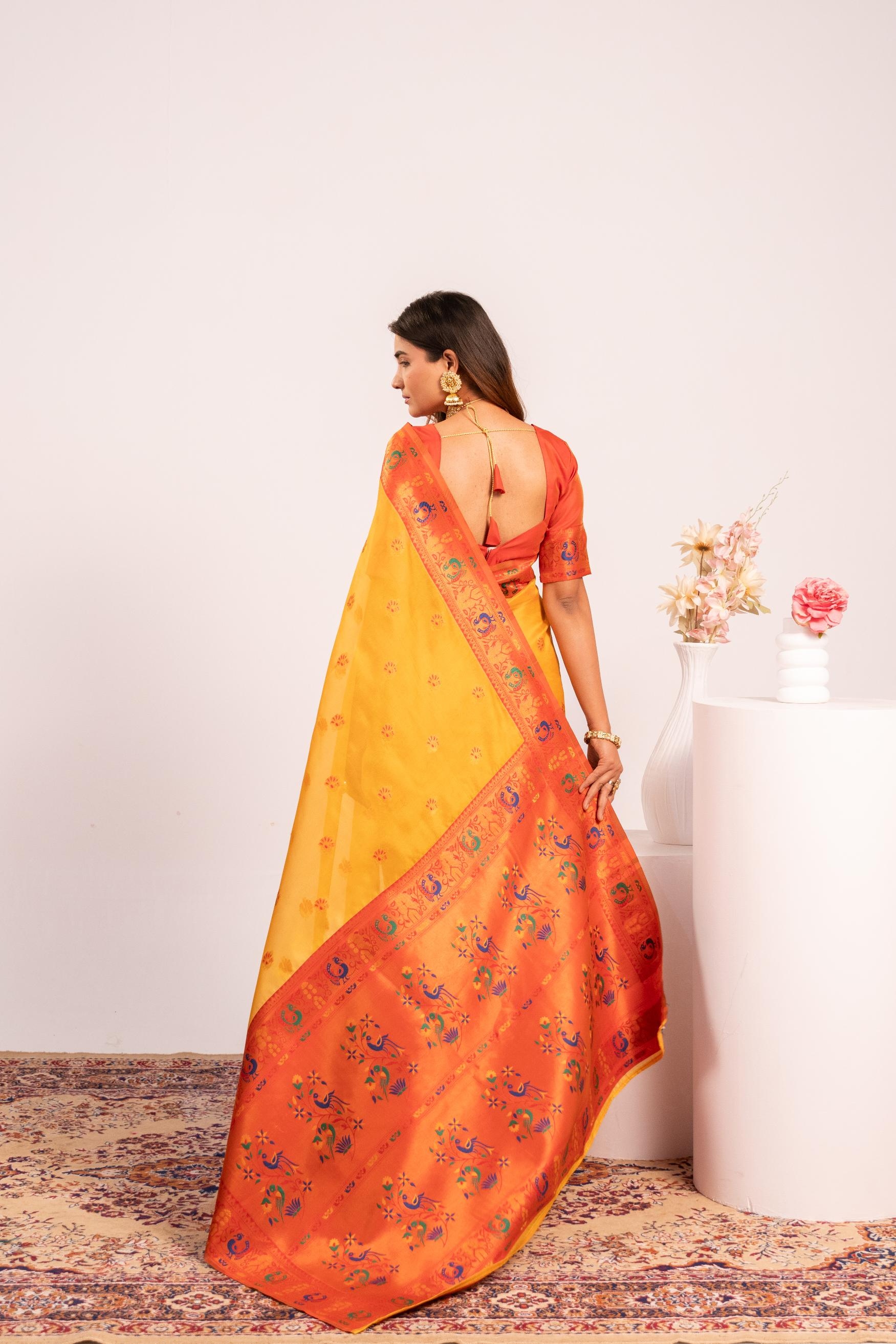 Yellow Woven Paithani Tissue Silk Saree — alternate view