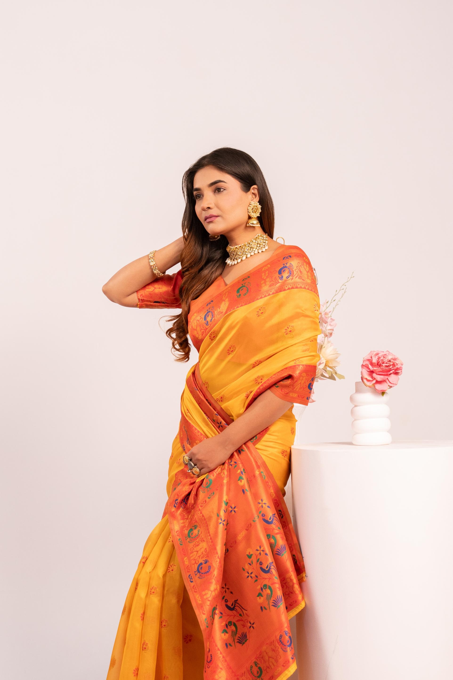 Yellow Woven Paithani Tissue Silk Saree