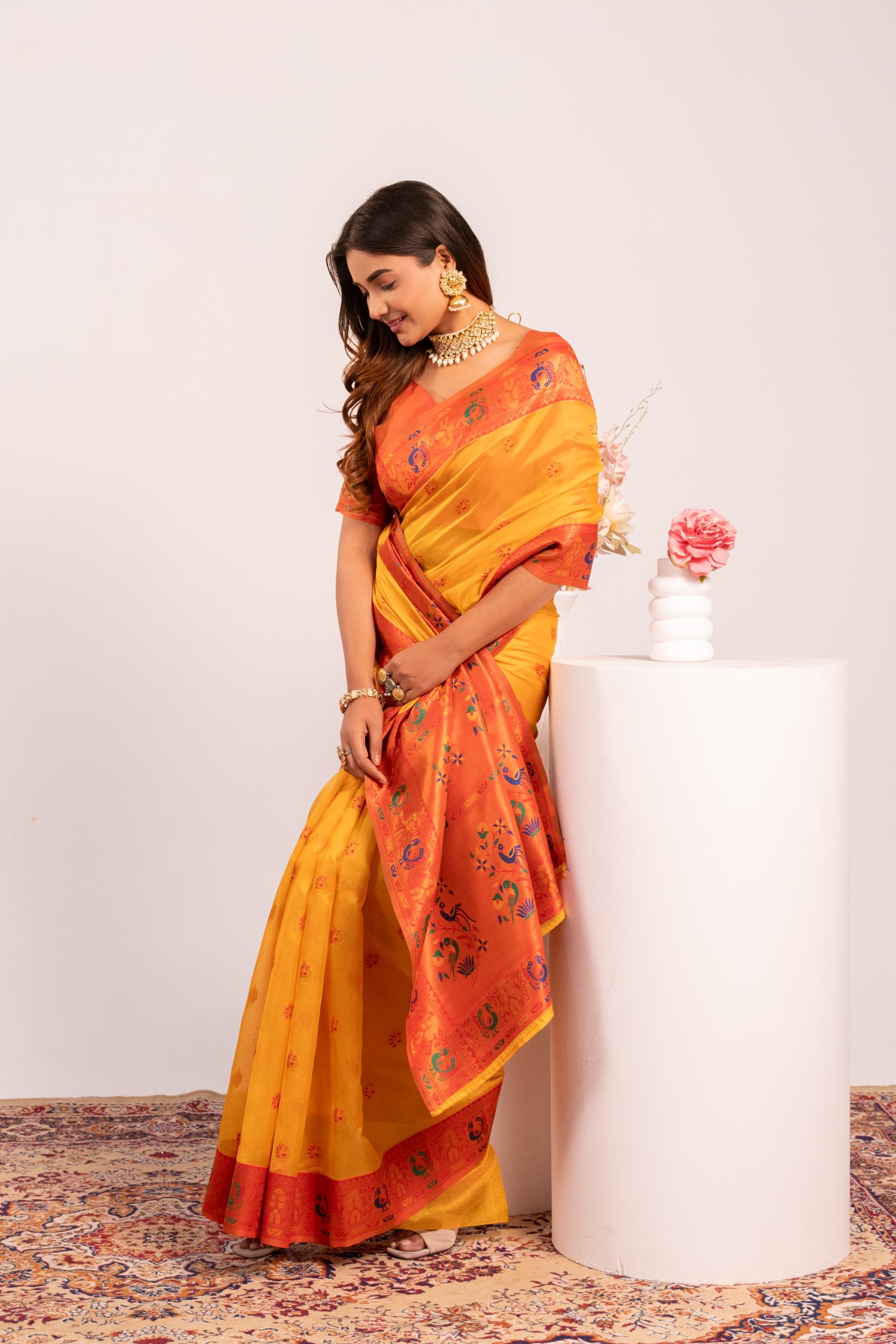 Yellow Woven Paithani Tissue Silk Saree