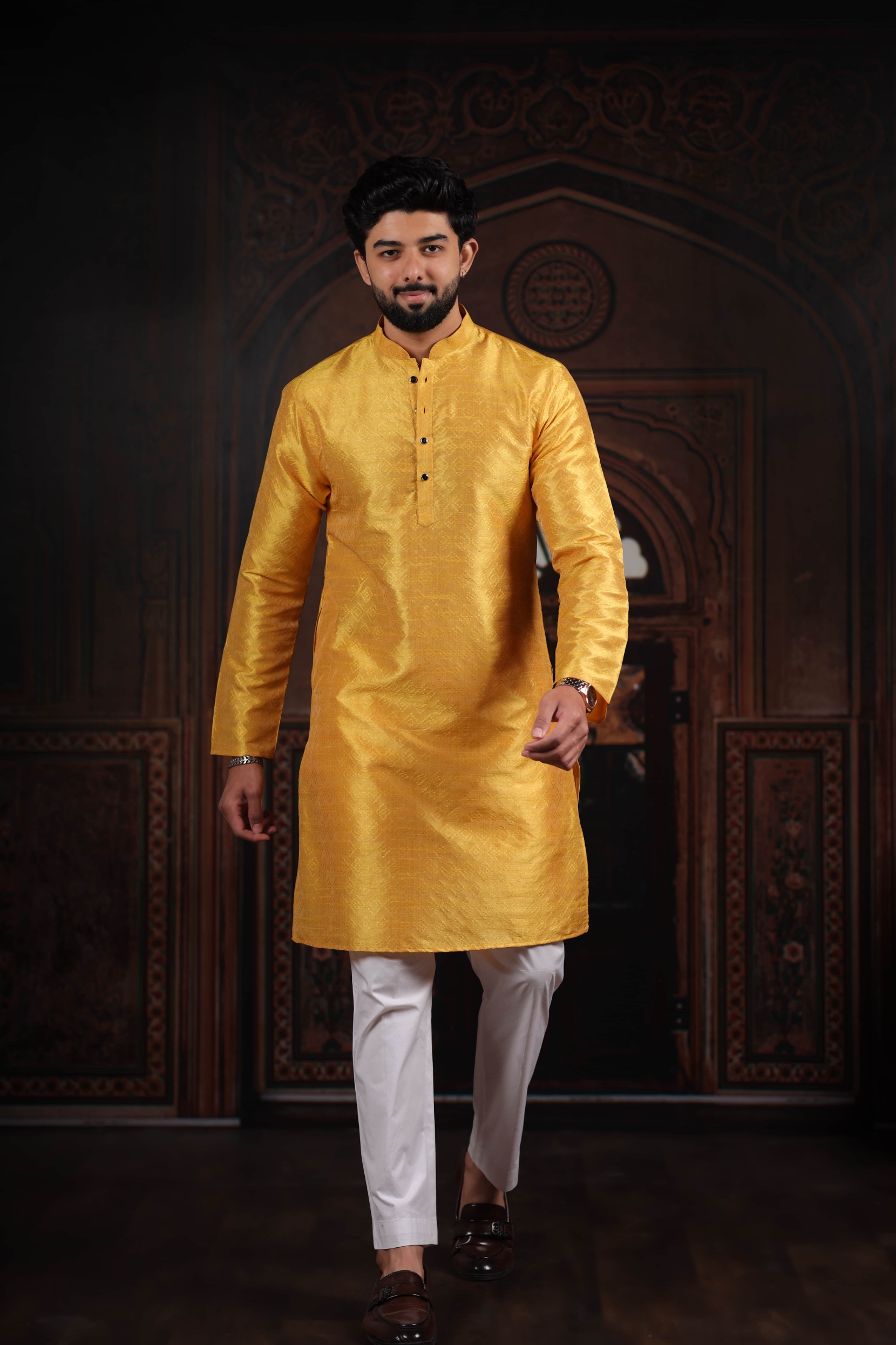 Yellow Woven Pattern Art Silk Kurta Pyjama