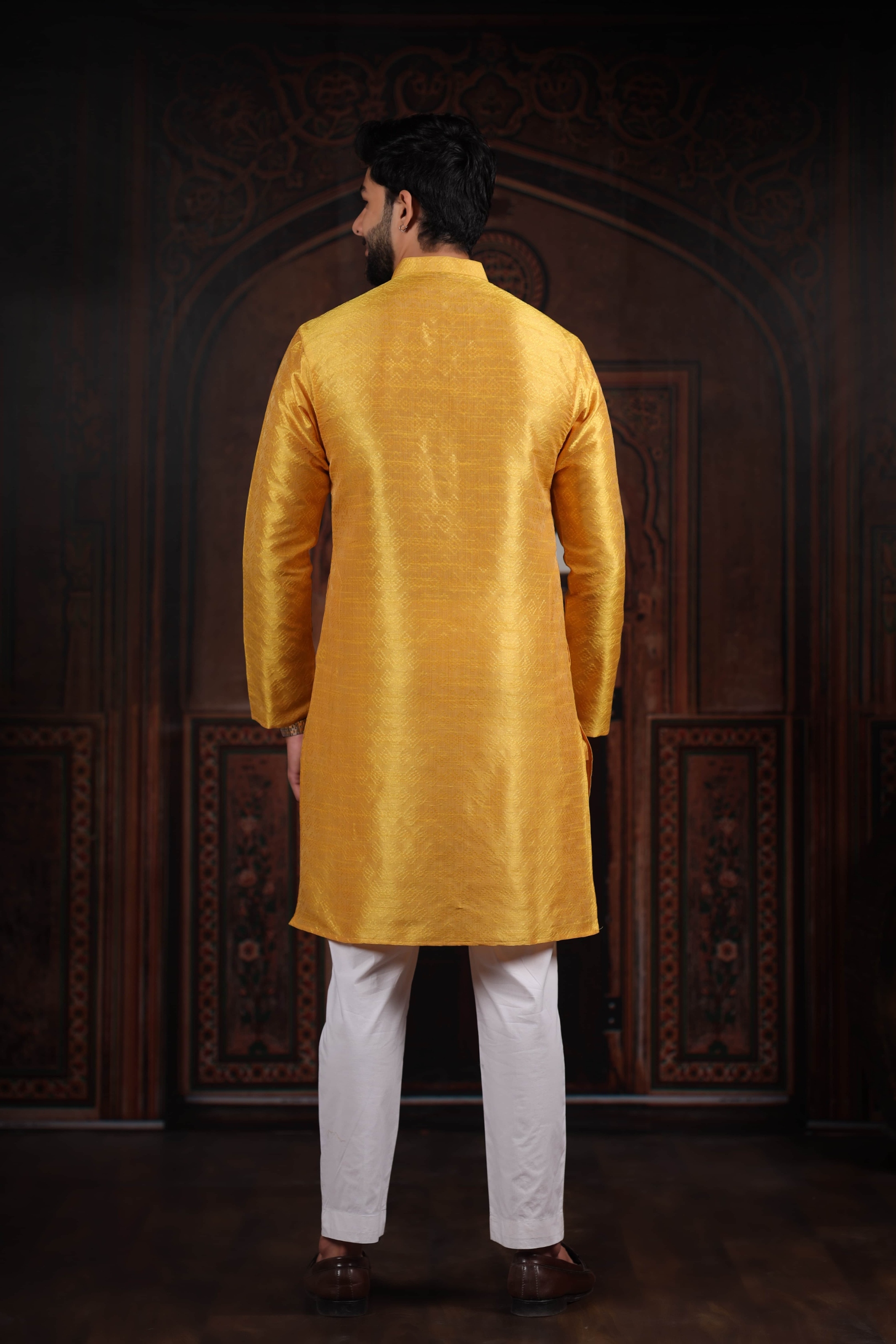 Yellow Woven Pattern Art Silk Kurta Pyjama — alternate view