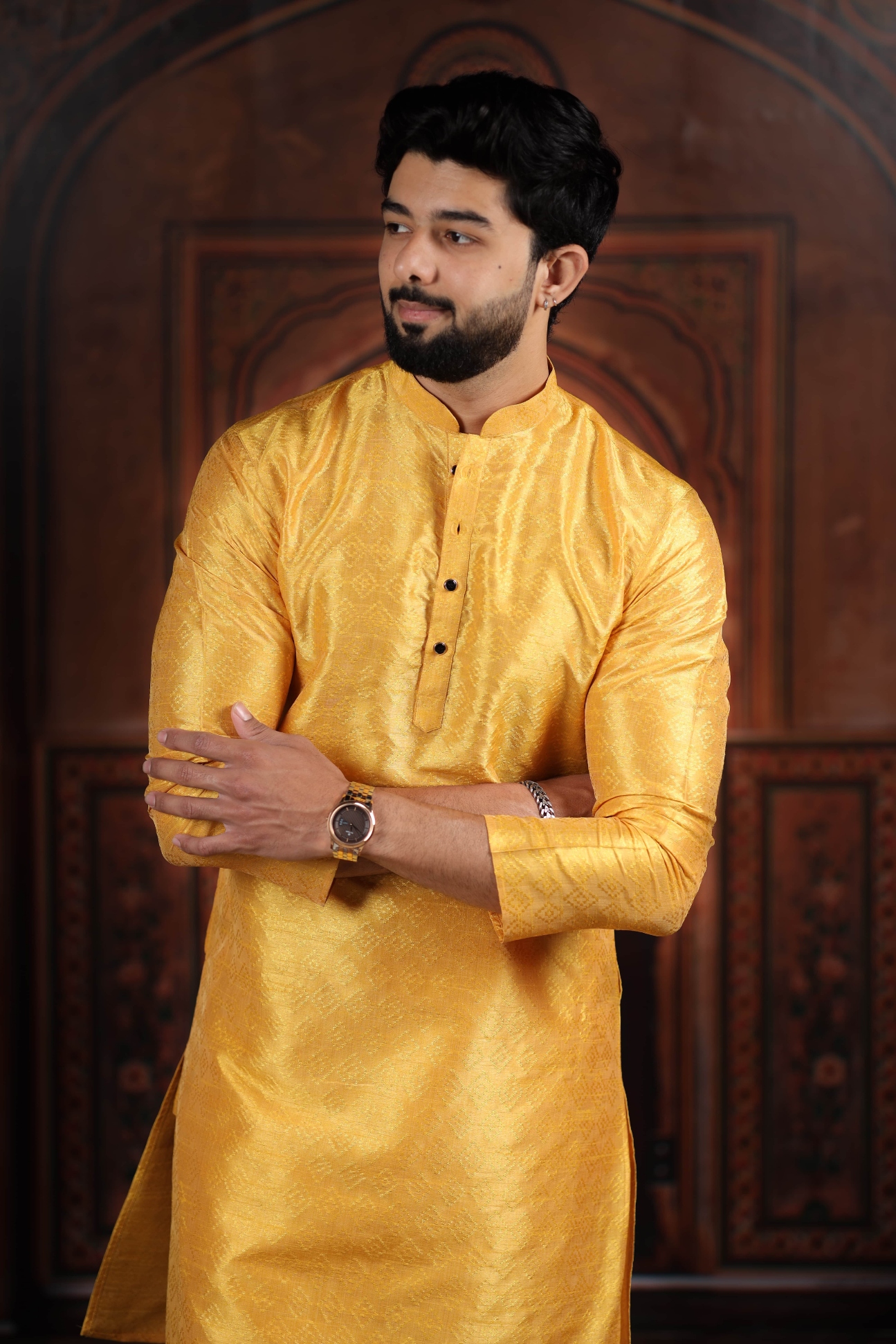 Yellow Woven Pattern Art Silk Kurta Pyjama